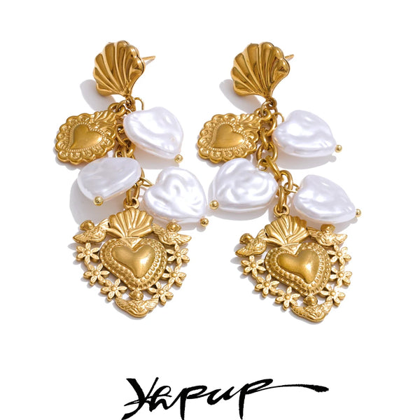 Pearl Heart Earrings — Gold-Plated Stainless Steel with Pearl · PS1587