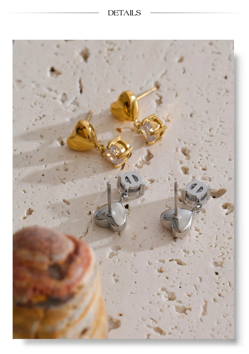 Cubic Zirconia Heart Earrings — Gold-Plated Stainless Steel with Cubic Zirconia · PS1244