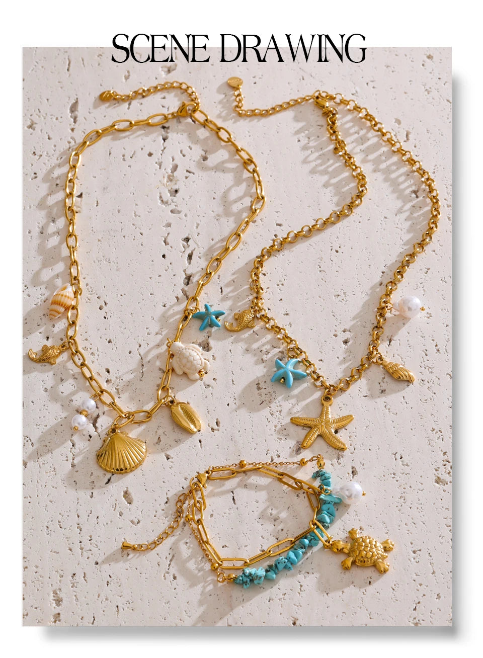 Shell star geometric necklace in gold-plated stainless steel with shell.
