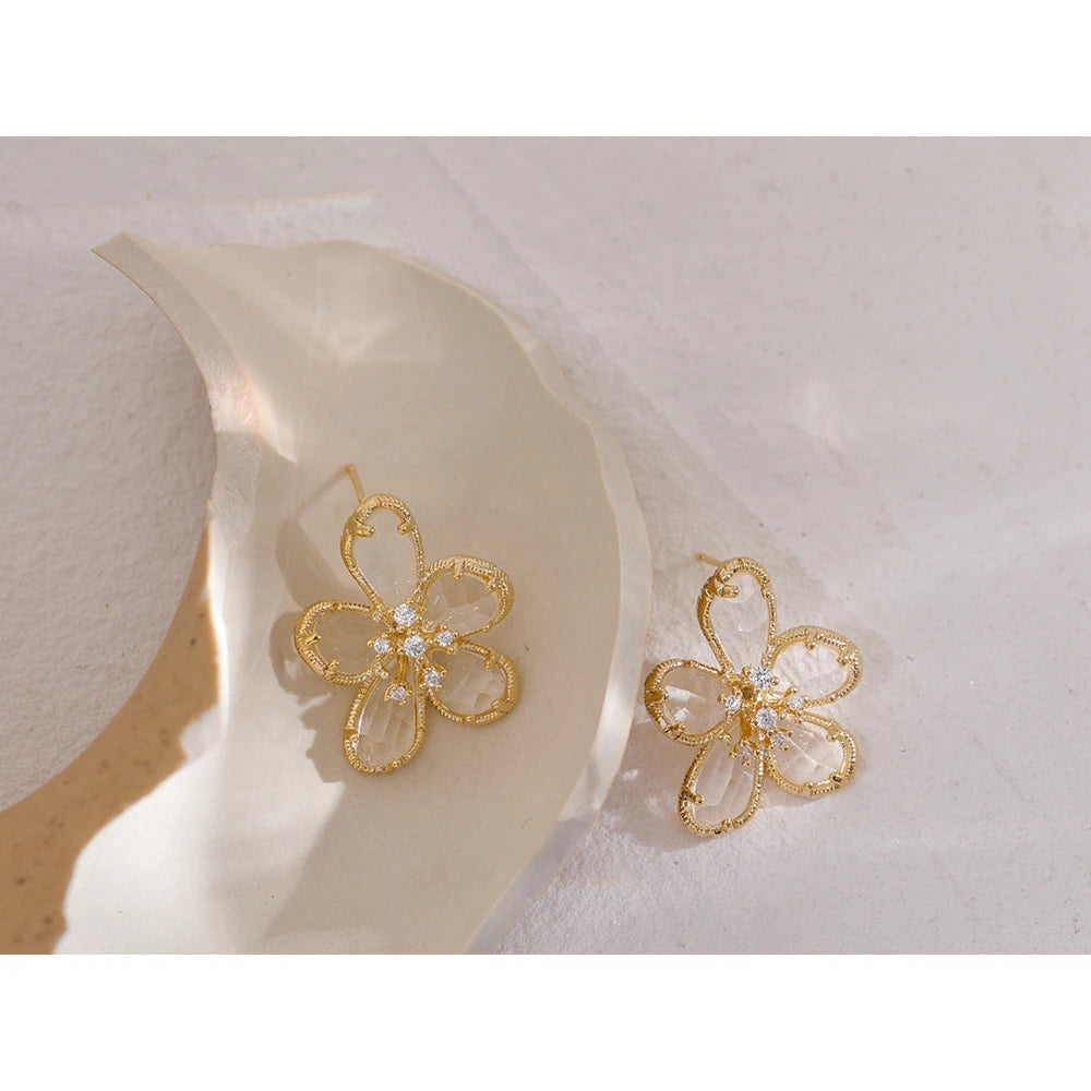 Cubic Zirconia Flower Geometric Earrings — 14K Gold-Plated Copper with Cubic Zirconia · PC21
