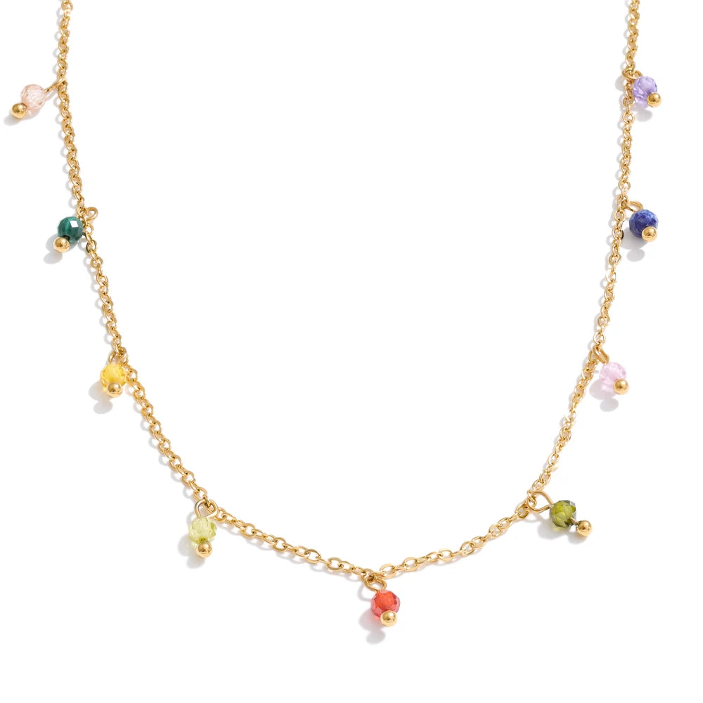 Cubic zirconia multi-color geometric necklace in gold-plated stainless steel with cubic zirconia.