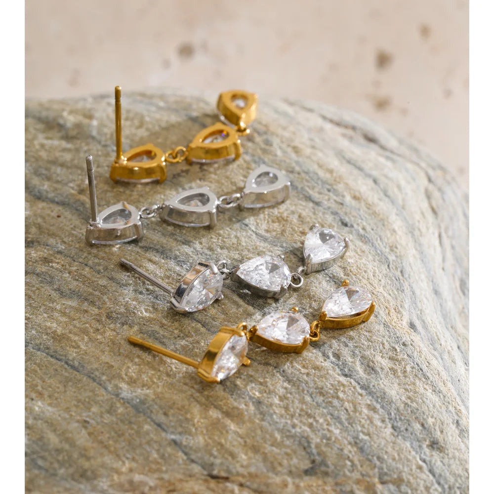 Cubic Zirconia Geometric Earrings — Gold-Plated Stainless Steel with Cubic Zirconia · PS1410