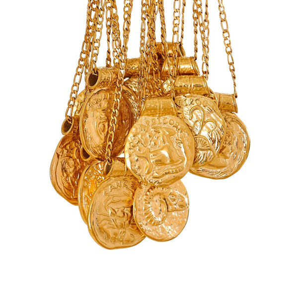 Gold-plated stainless steel necklace featuring multiple coins as pendant.