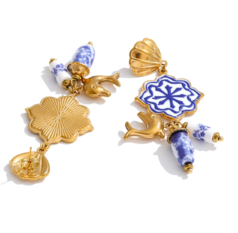 Blue shell enamel earrings in gold-plated stainless steel with shell and enamel.