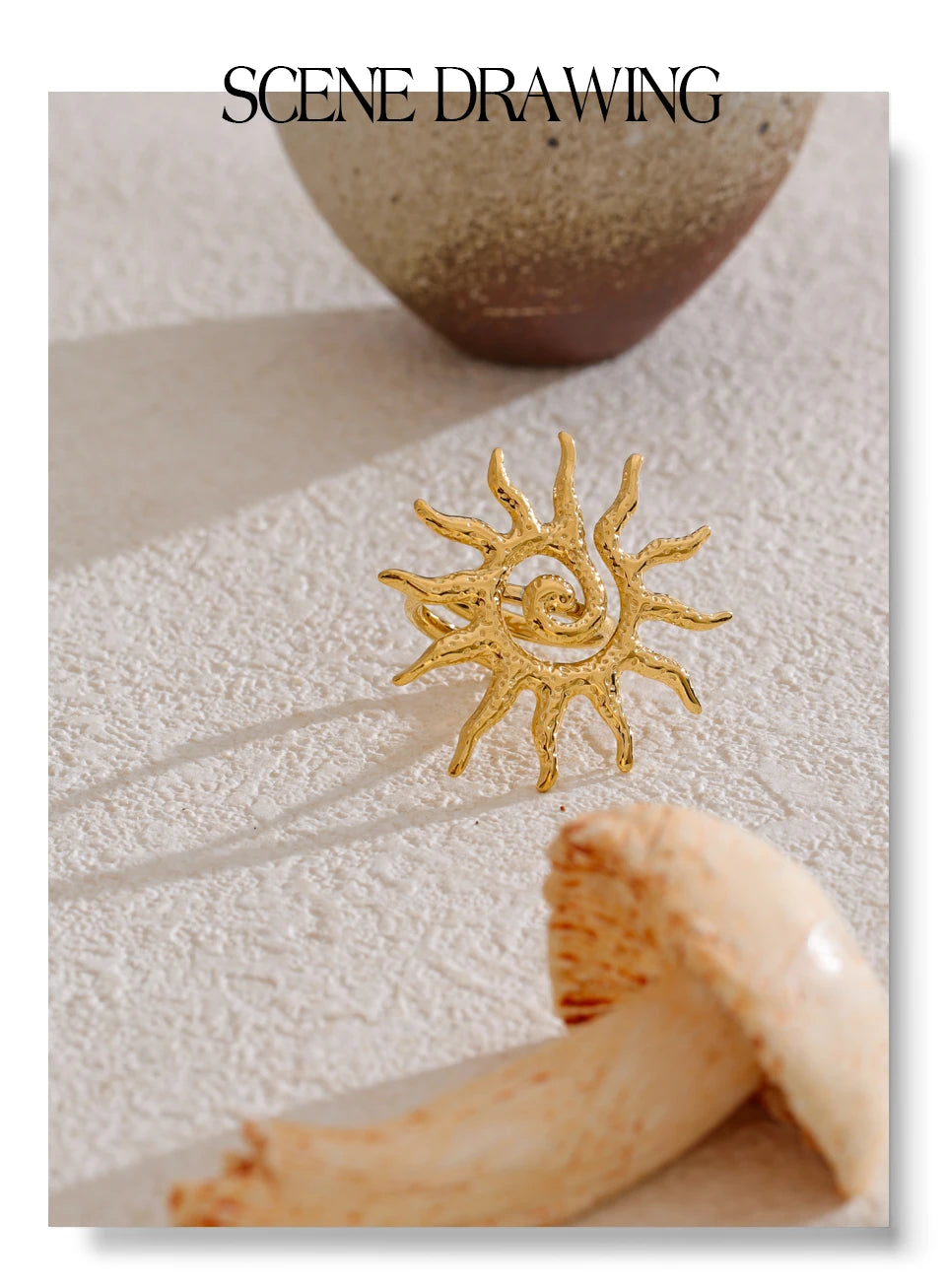 Sun geometric ring in 18K gold-plated stainless steel.