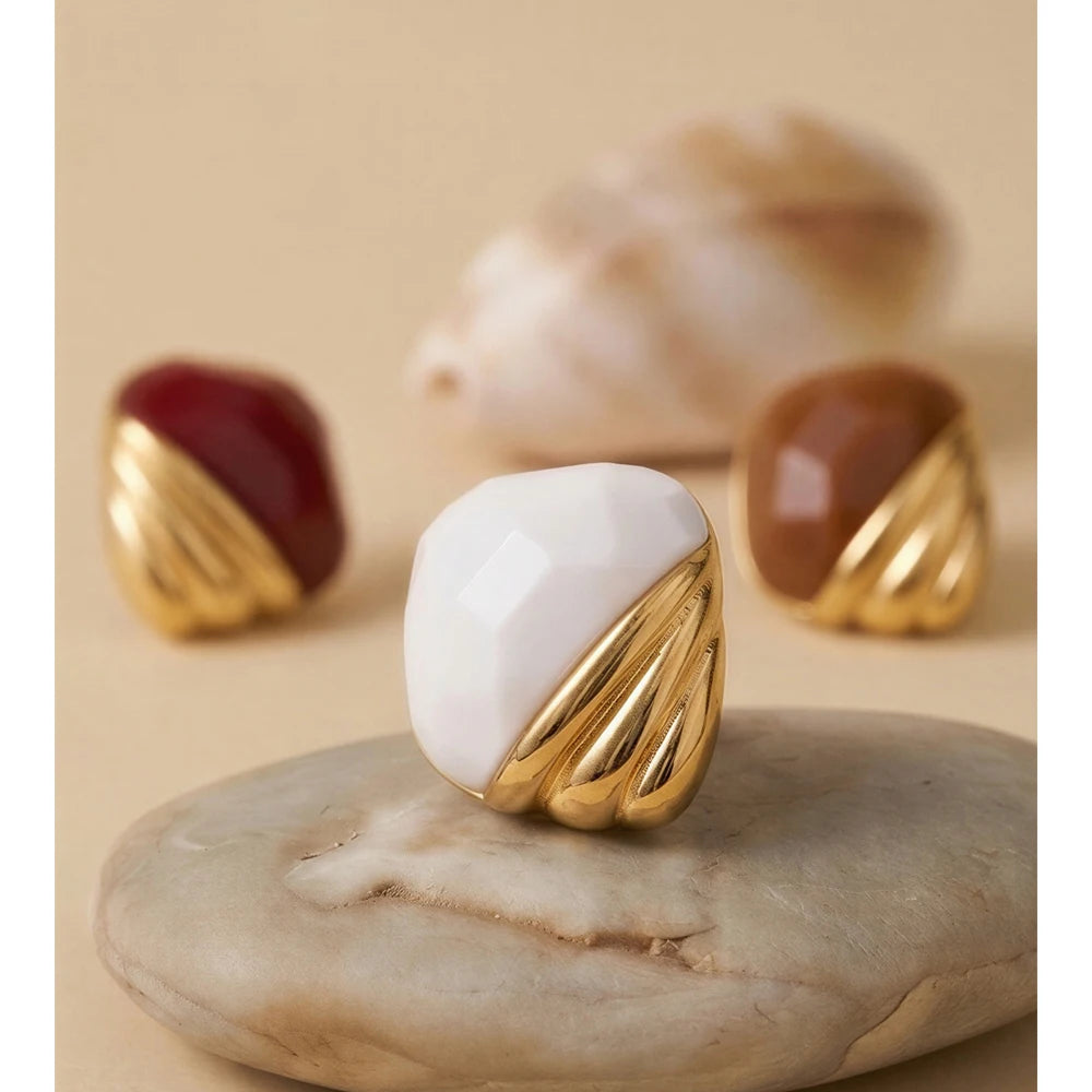 Resin acrylic geometric earrings in gold-plated stainless steel with resin and acrylic.