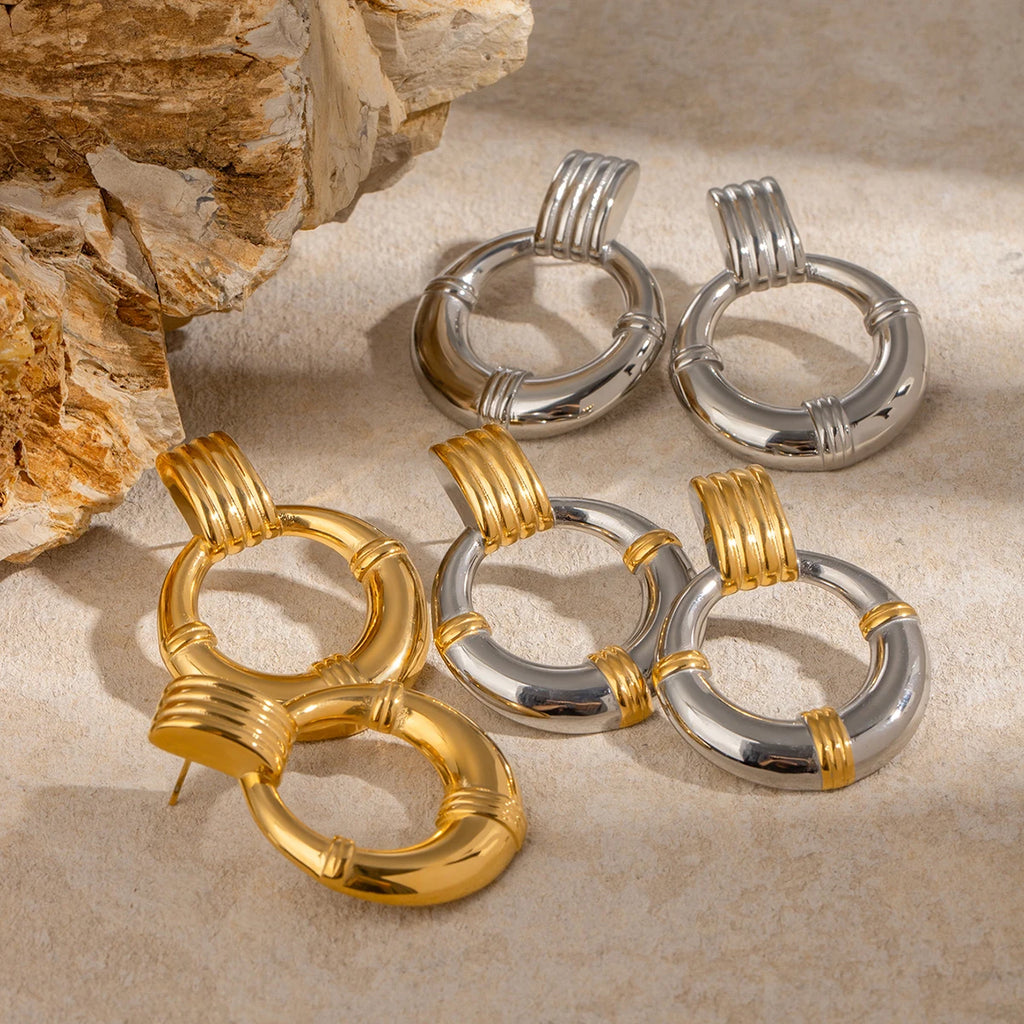 Two-Tone Ring Drop Earrings — 18K Gold Plated · PA010