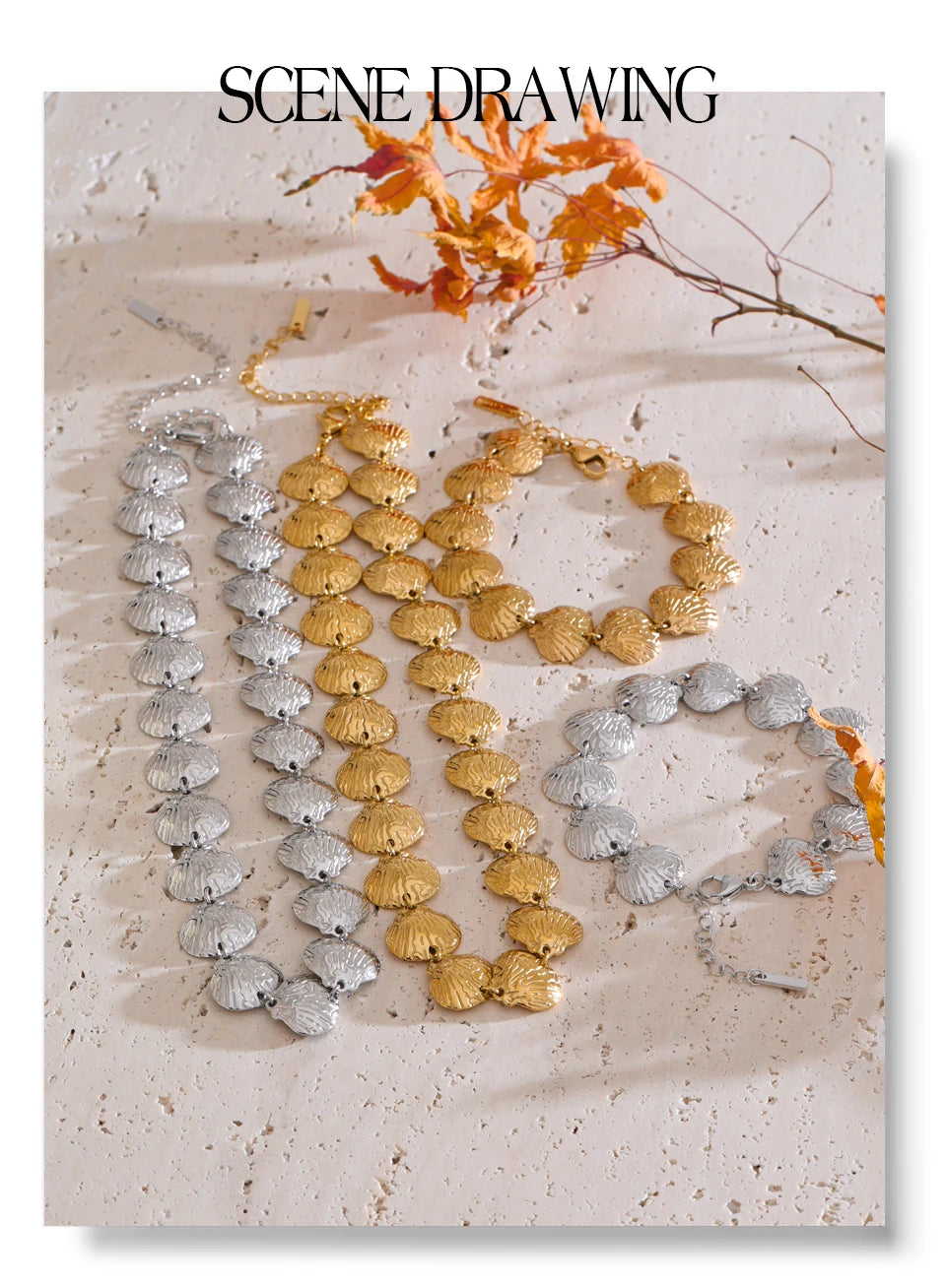 Shell hammered geometric necklace in gold-plated stainless steel with shell.