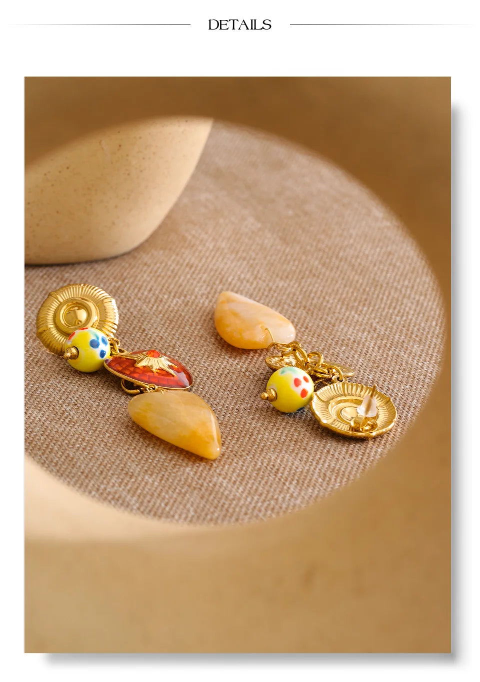 Enamel Natural Stone Heart Earrings — Gold-Plated Stainless Steel with Natural Stone and Enamel · PS1075