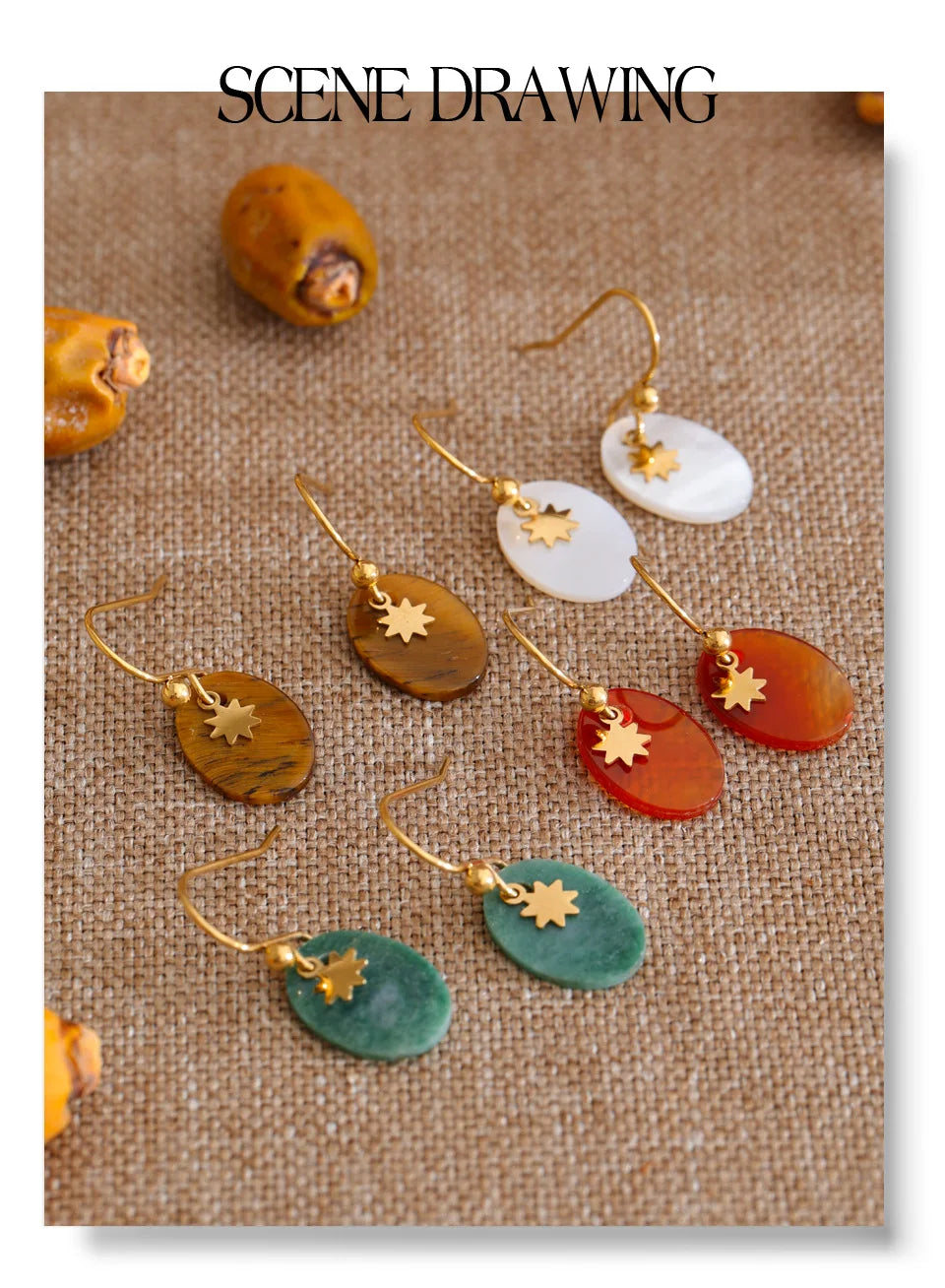 Natural stone geometric earrings in gold-plated stainless steel with natural stone.
