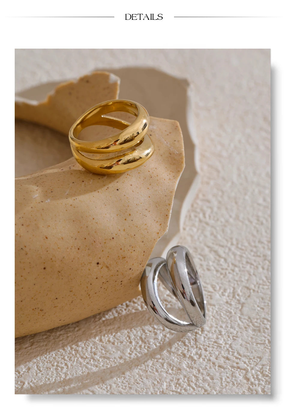 Geometric layered ring in gold-plated stainless steel.