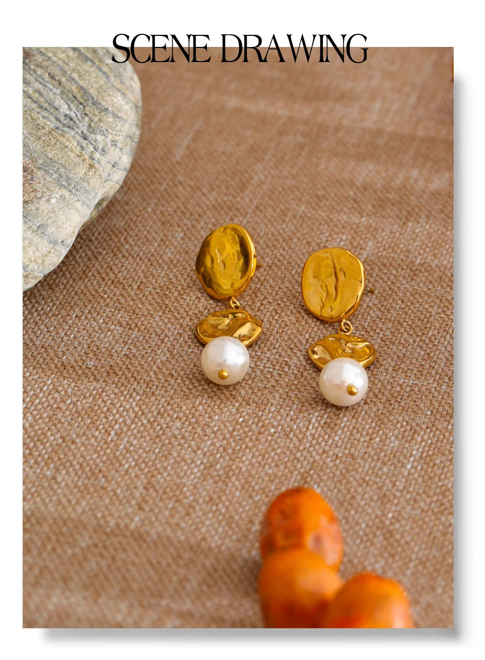 Pearl shell geometric earrings in gold-plated stainless steel with pearl and shell.