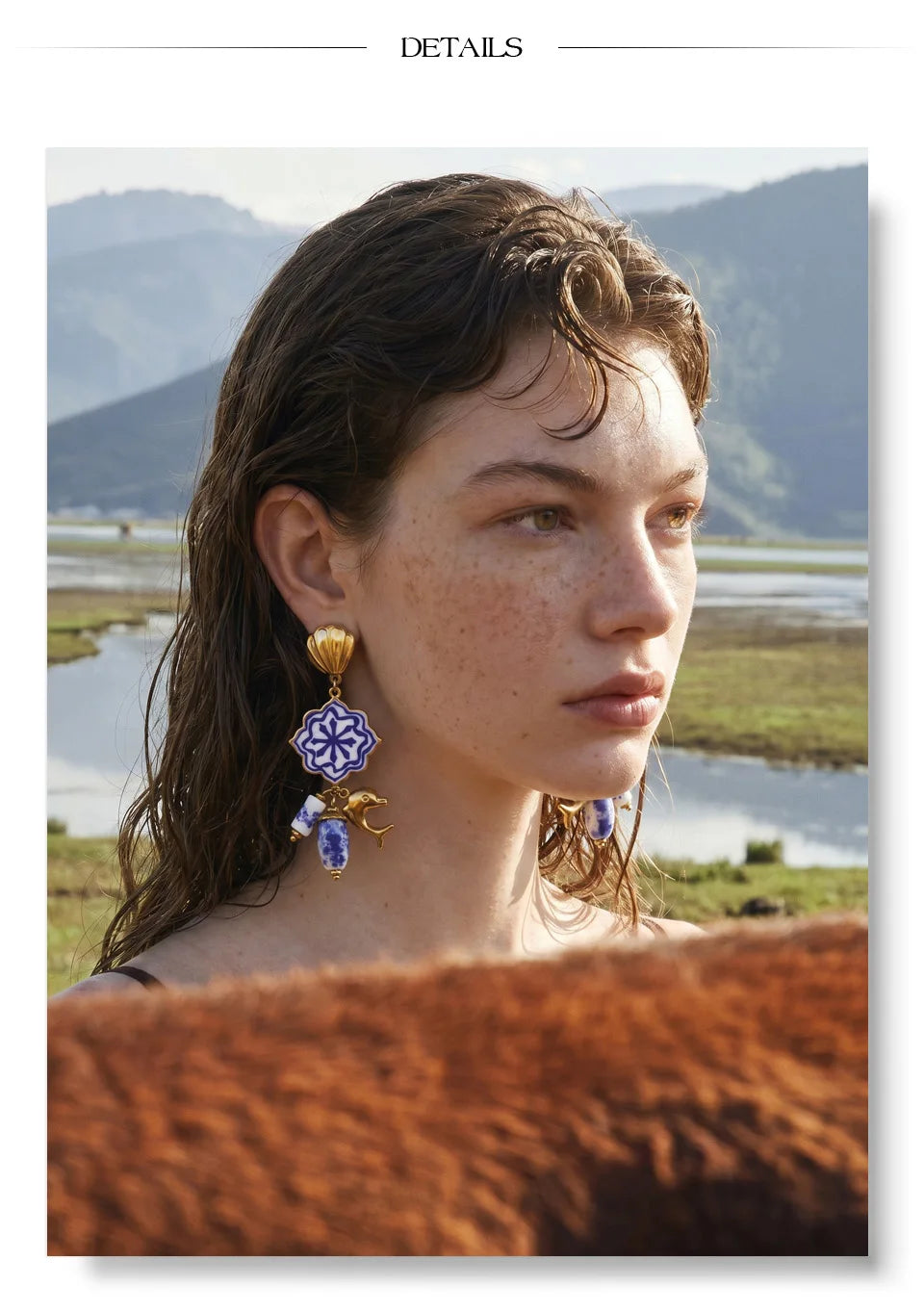 Blue shell enamel earrings in gold-plated stainless steel with shell and enamel.