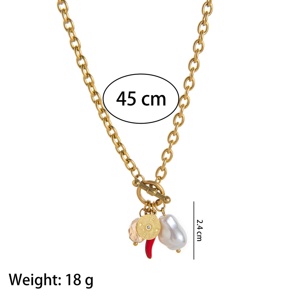 Charm Necklace 18K Gold Plated | Fish, Chili, Pearl & Coin Pendants | Trendy Layered Jewelry for Women