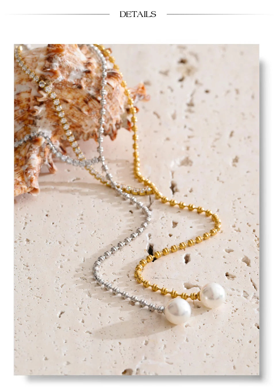 Cubic zirconia pearl geometric necklace in gold-plated stainless steel with pearl and cubic zirconia.