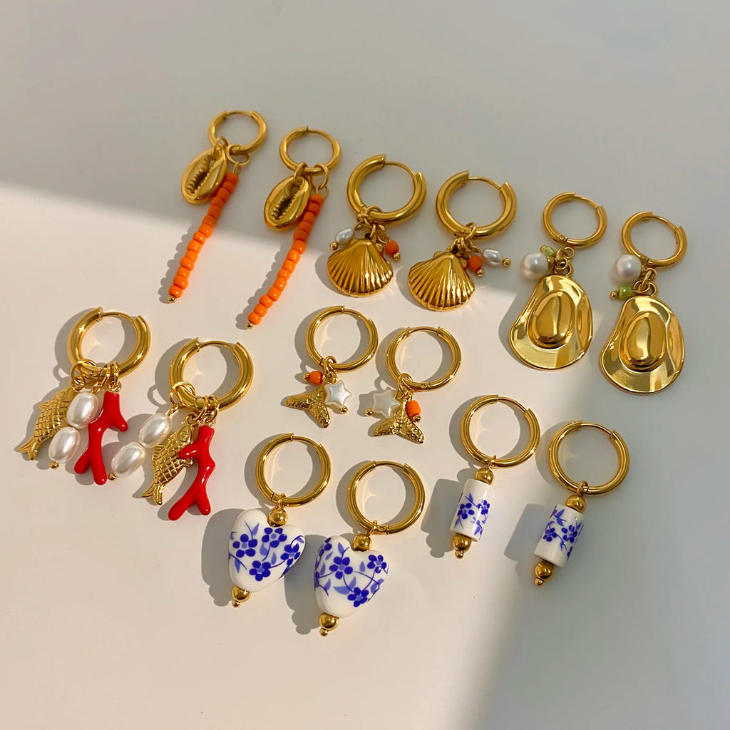 Color Stone Charm Hoop Earrings — Stainless Steel · PS099
