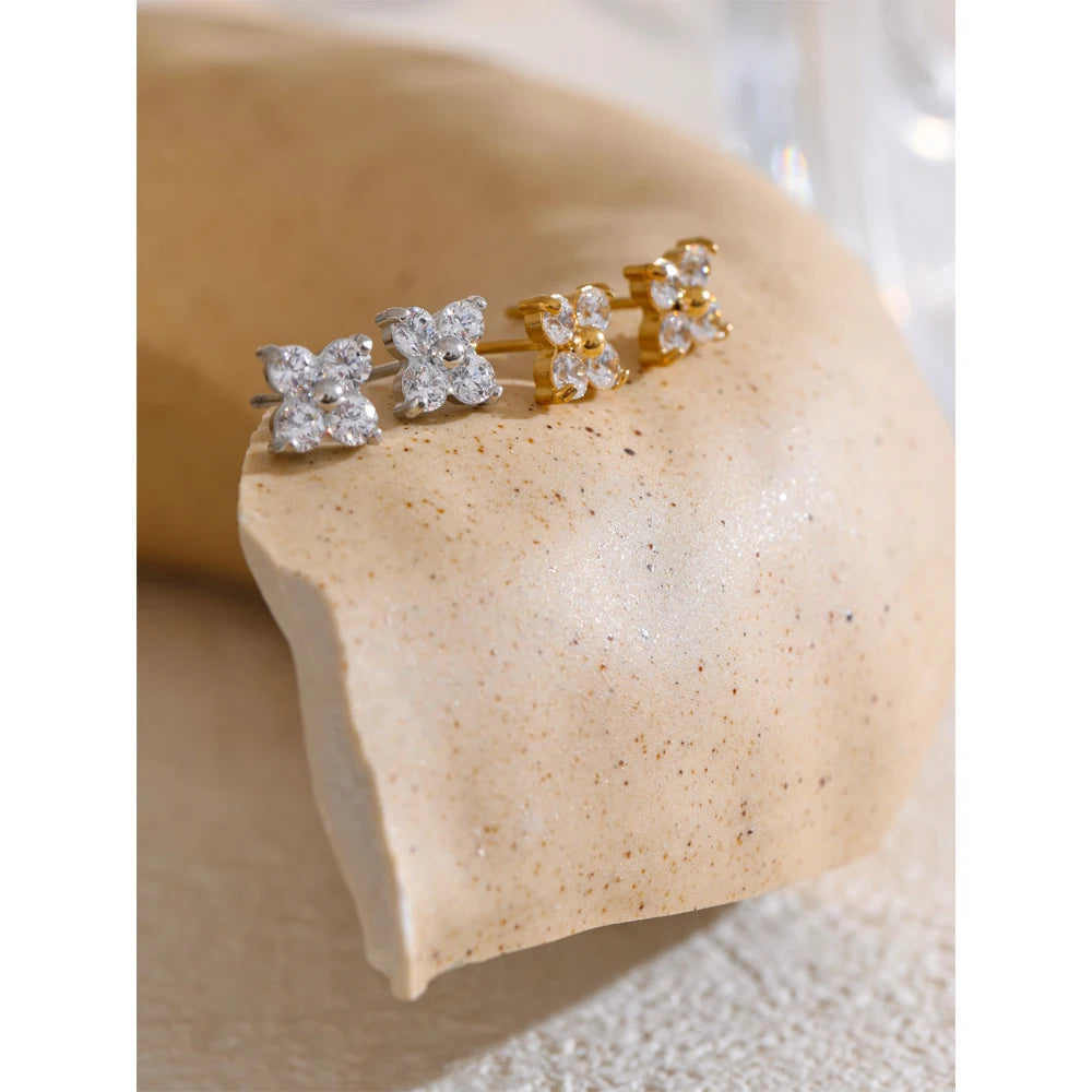 Cubic Zirconia Flower Earrings — Gold-Plated Stainless Steel with Cubic Zirconia · PS2236