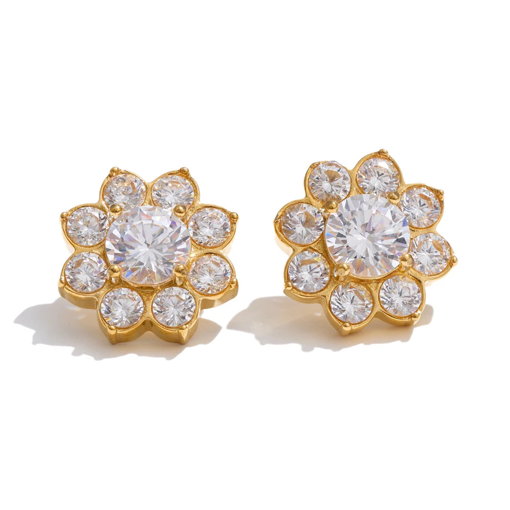 Cubic Zirconia Flower Earrings — Gold-Plated Stainless Steel with Cubic Zirconia · PS1570