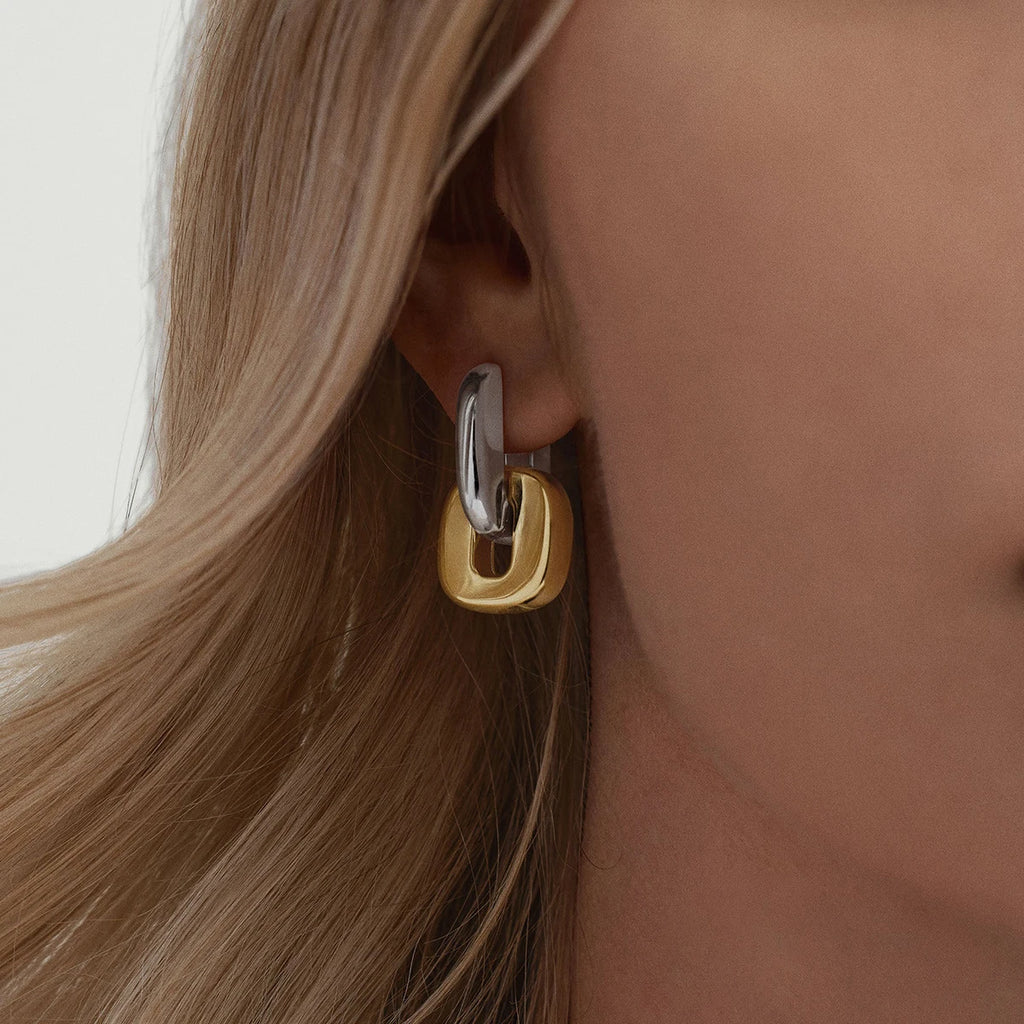 Two-Tone Link Hoop Earrings — Stainless Steel · PS088