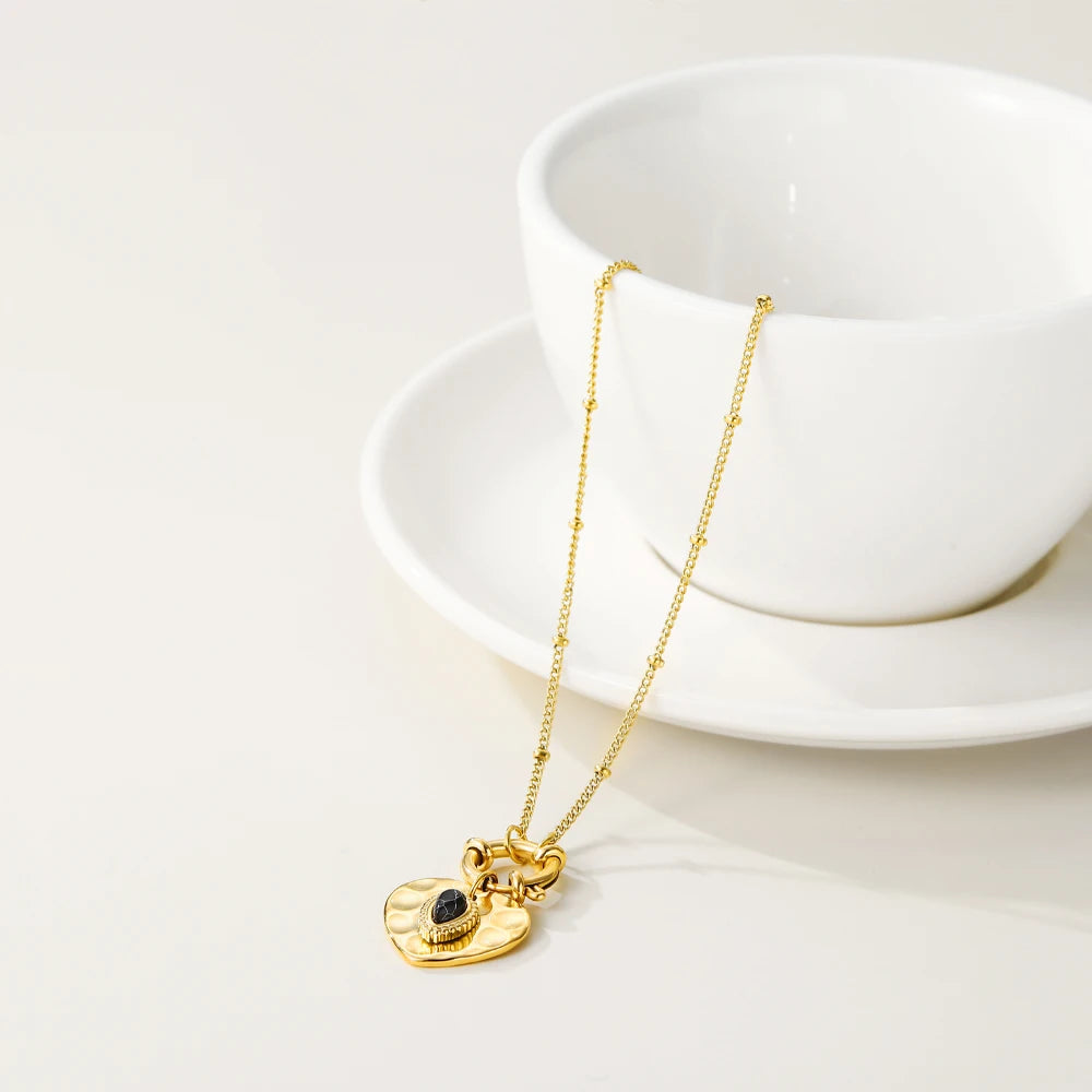 Heart Pendant Necklace Black Natural Stone Metal Texture — 316L Stainless Steel · PS467