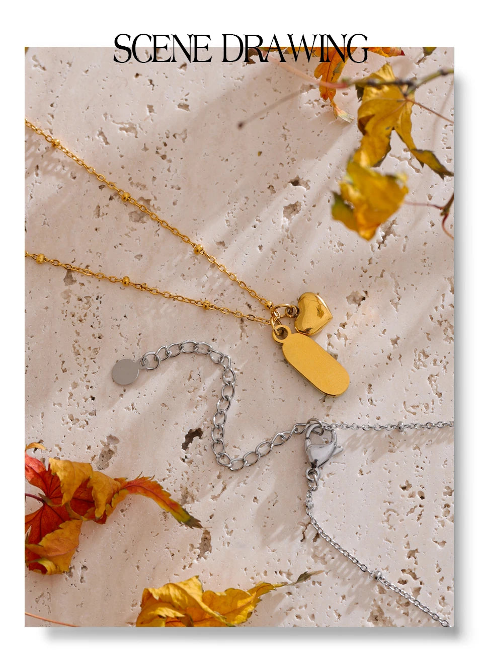 Natural stone heart geometric necklace in gold-plated stainless steel with natural stone.