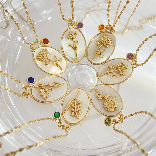 Birth Flower Shell Pendant Necklace — Stainless Steel · PS133