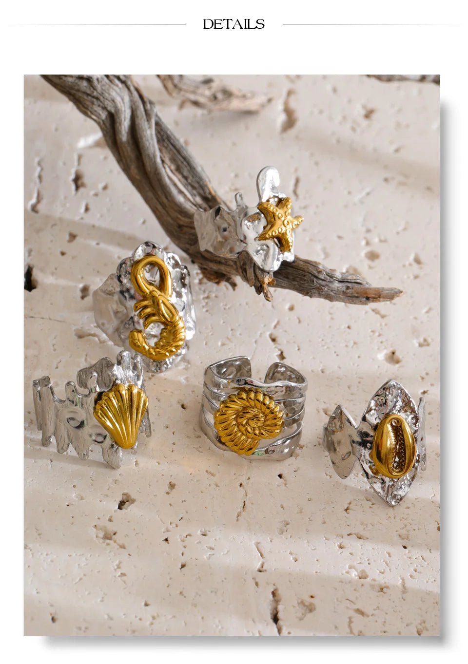 Shell star geometric ring in 18K gold-plated stainless steel with shell.