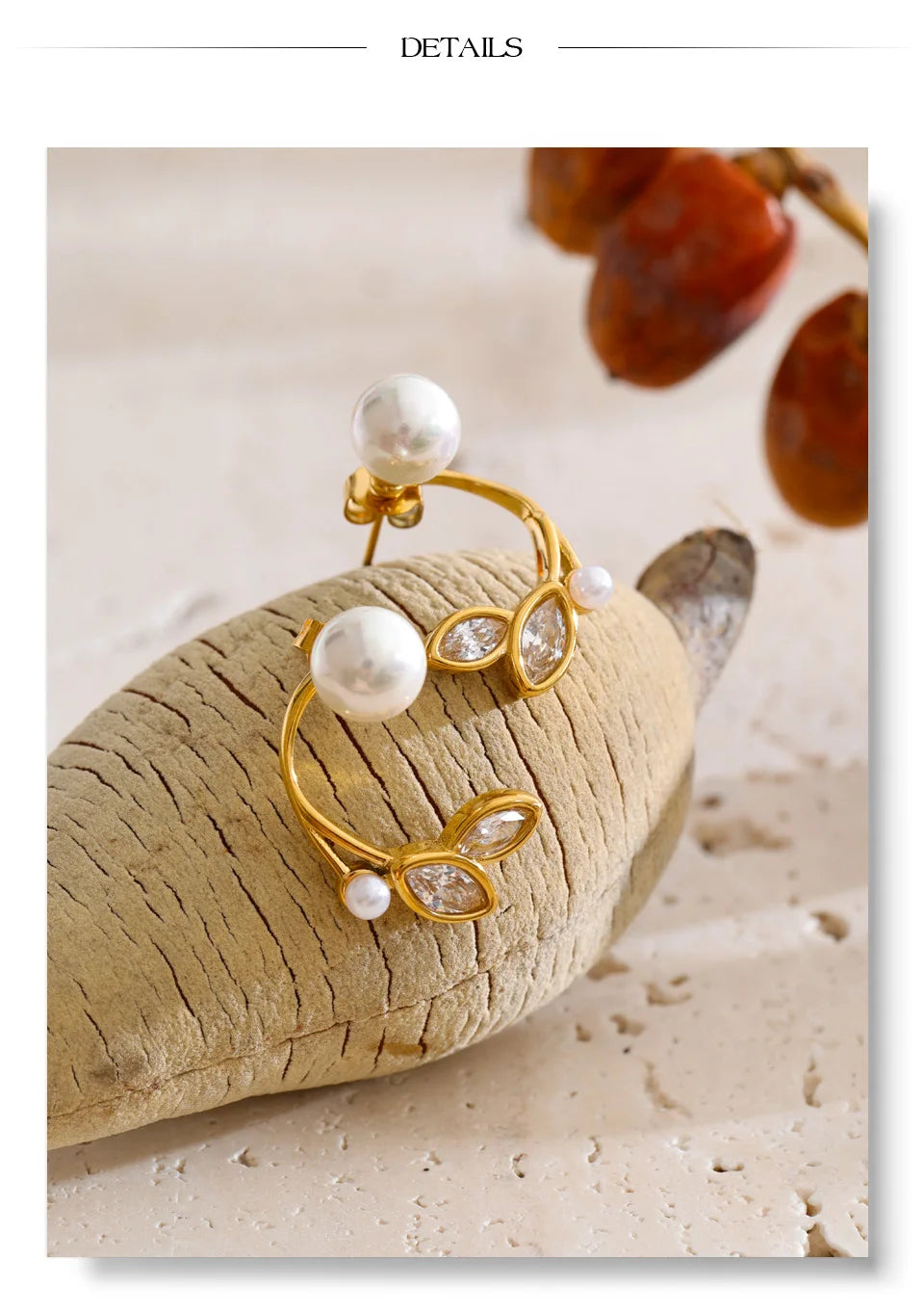 Cubic Zirconia Pearl Geometric Earrings — Gold-Plated Stainless Steel with Pearl and Cubic Zirconia · PS1303