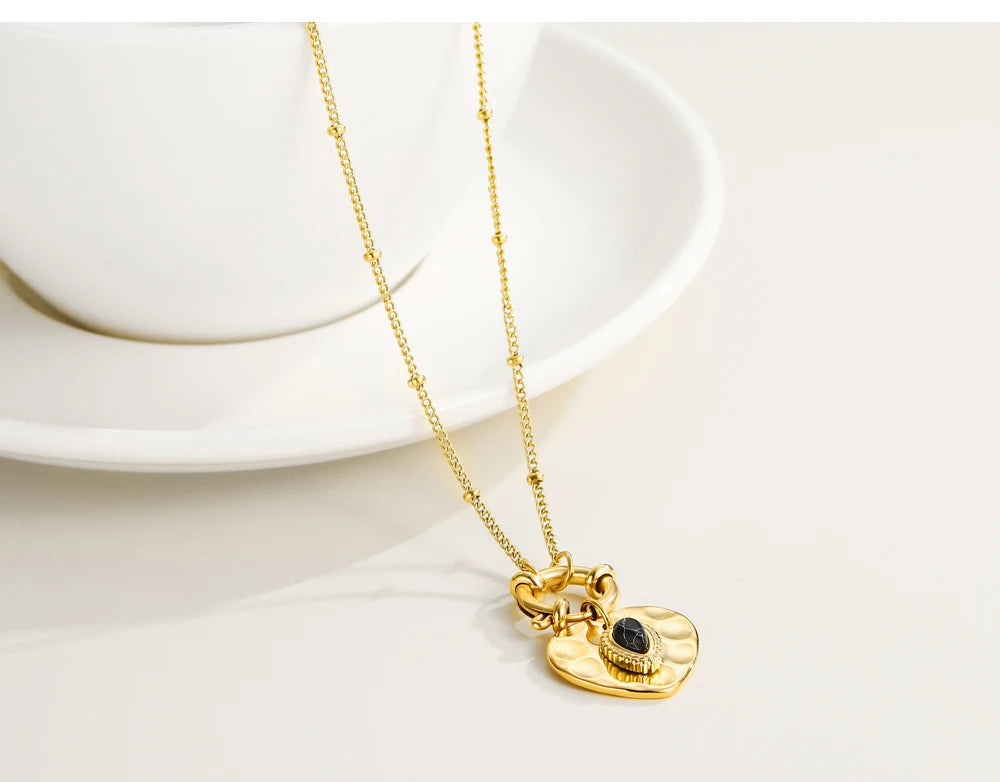 Heart Pendant Necklace Black Natural Stone Metal Texture — 316L Stainless Steel · PS467