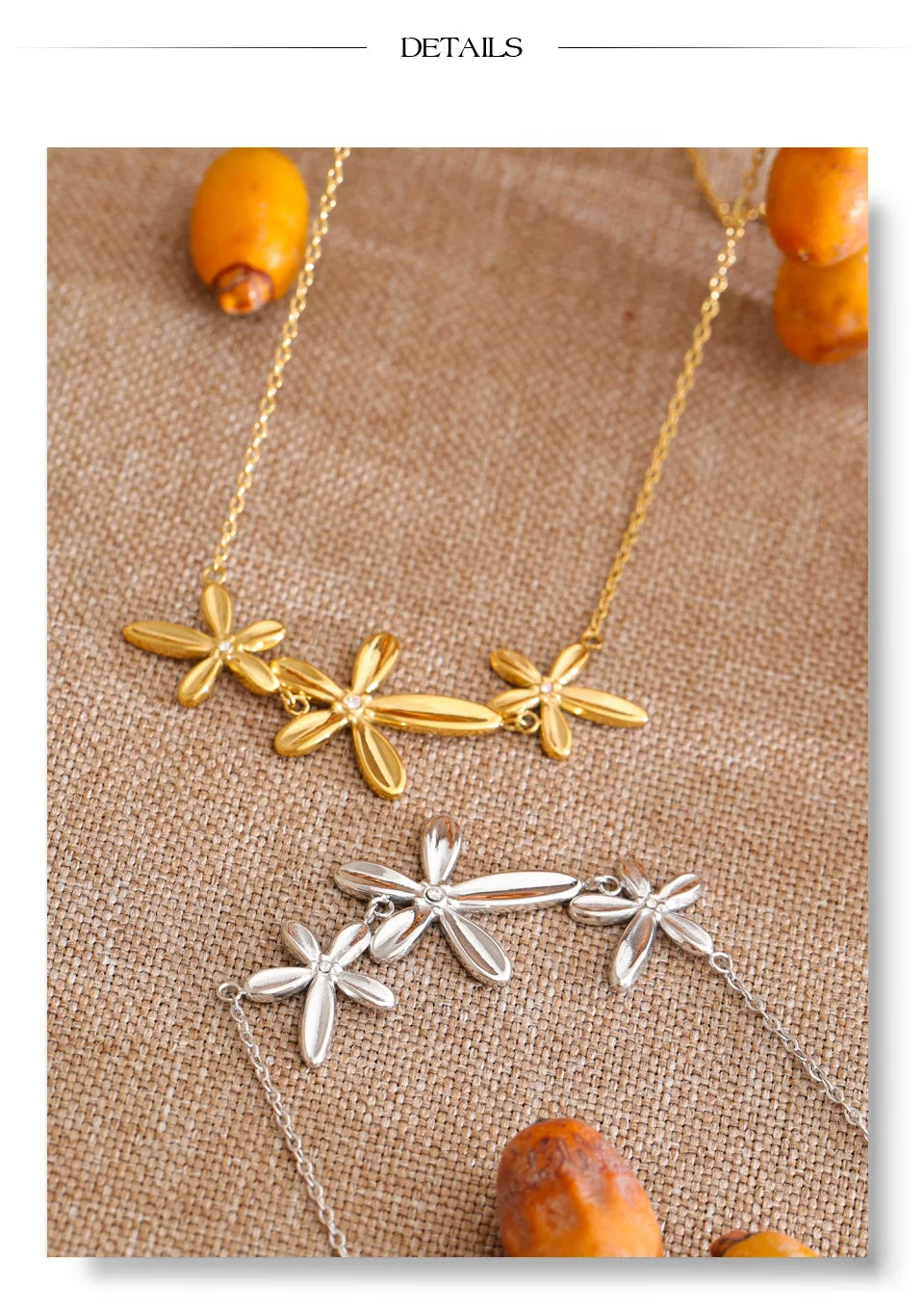 Cubic zirconia flower necklace in gold-plated stainless steel with cubic zirconia.