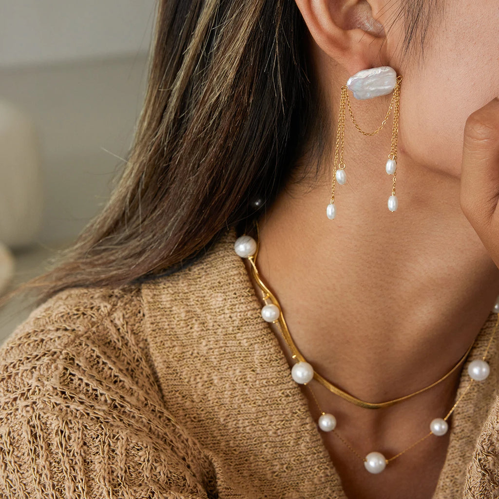 Pearl Chain Tassel Earrings — Stainless Steel · PS083