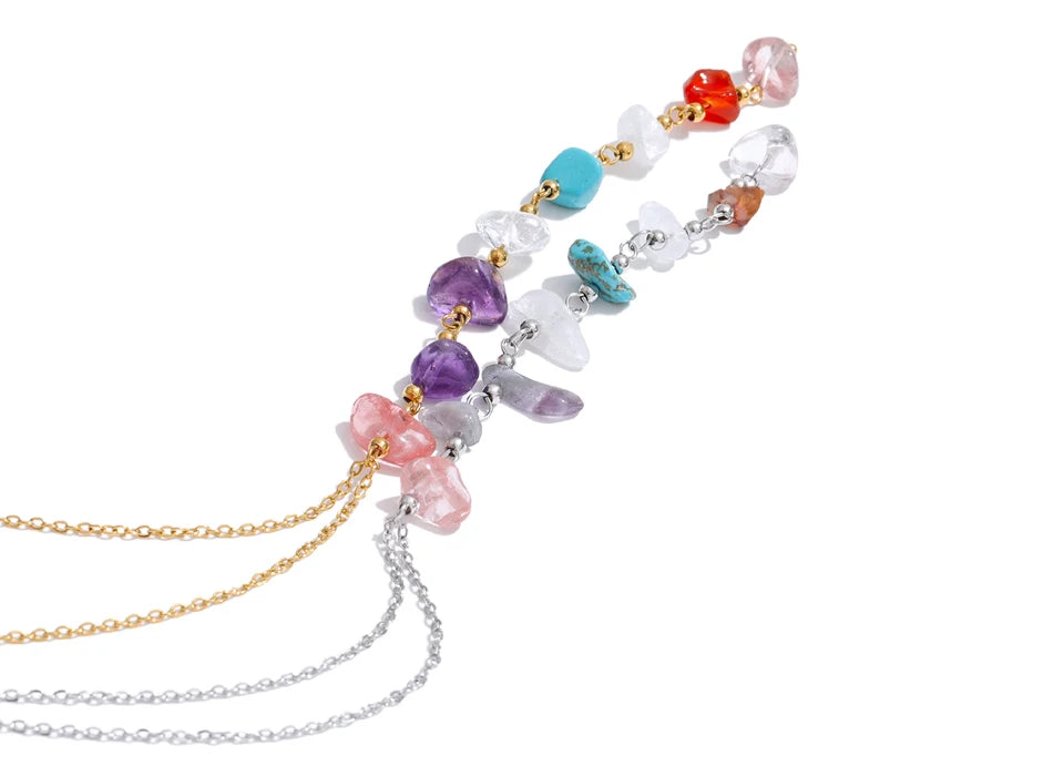 Resin natural stone multi-color necklace in gold-plated stainless steel with natural stone and resin.