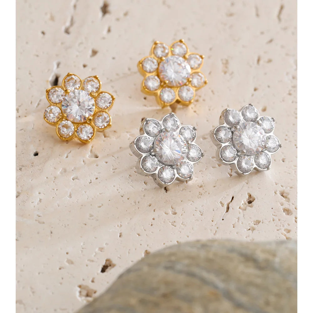 Cubic Zirconia Flower Earrings — Gold-Plated Stainless Steel with Cubic Zirconia · PS1570