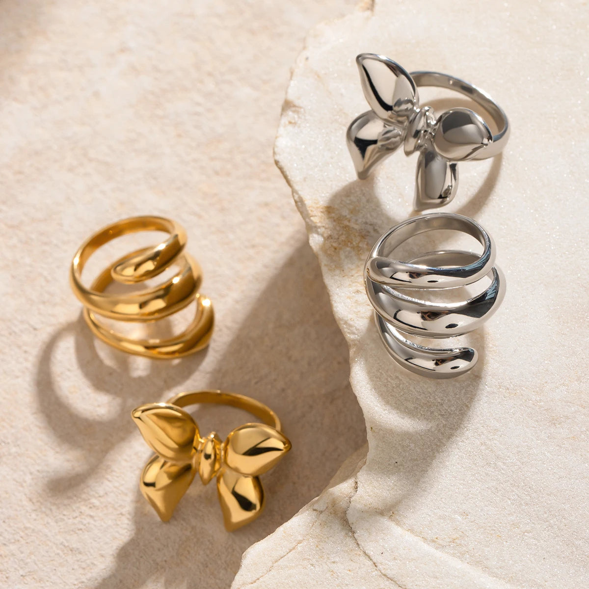 Two-Tone Butterfly Ring Stack — Stainless Steel · PS266