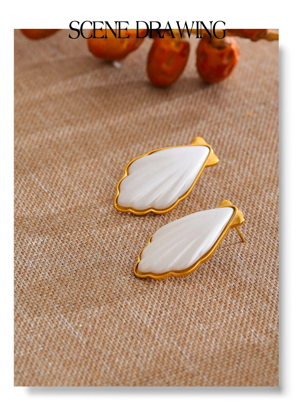 Pearl shell geometric earrings in gold-plated stainless steel with pearl and shell.