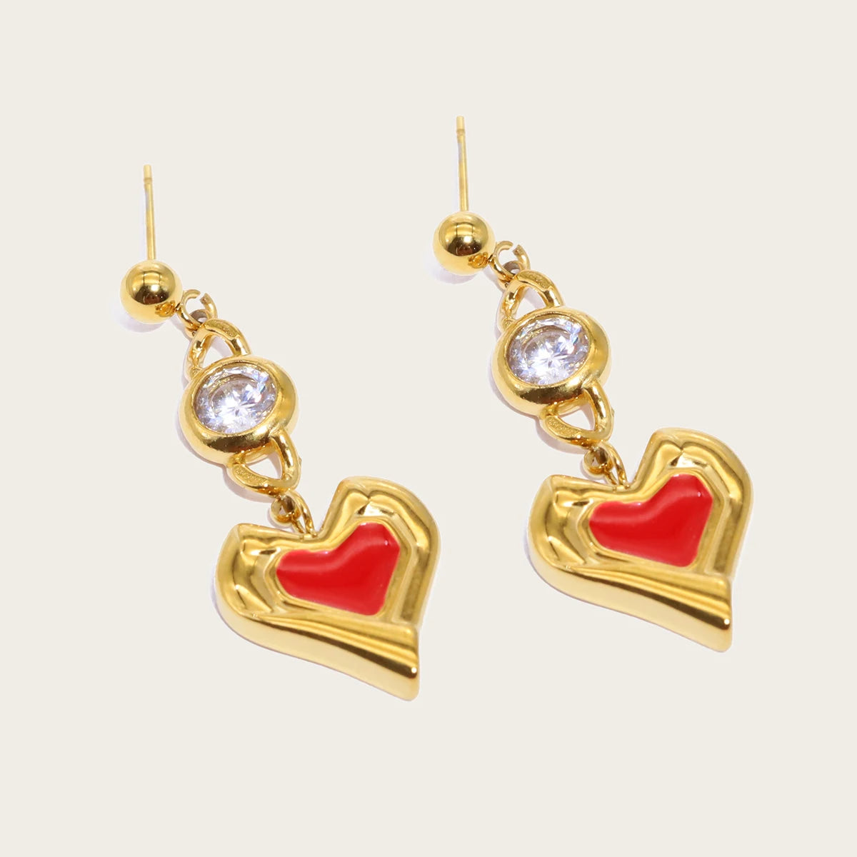 Drop Piercing Earrings Zircon Crystal Red Enamel — 316L Stainless Steel · PS425