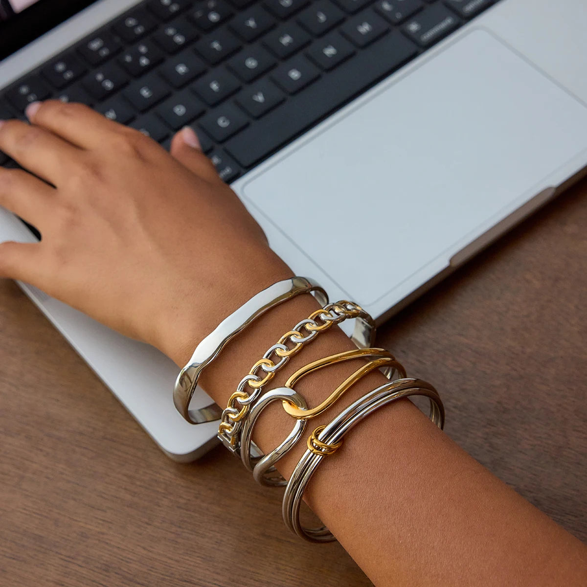 Two-Tone Chunky Bracelet Stack — Stainless Steel · PS041