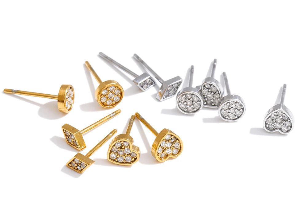 Cubic Zirconia Heart Geometric Earrings — Gold-Plated Stainless Steel with Cubic Zirconia · PS1106