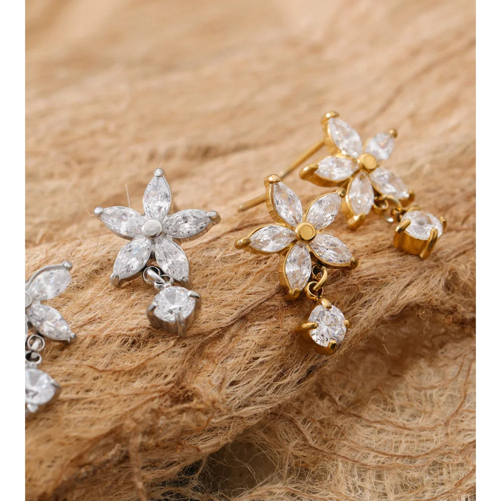 Cubic Zirconia Flower Earrings — Gold-Plated Stainless Steel with Cubic Zirconia · PS932
