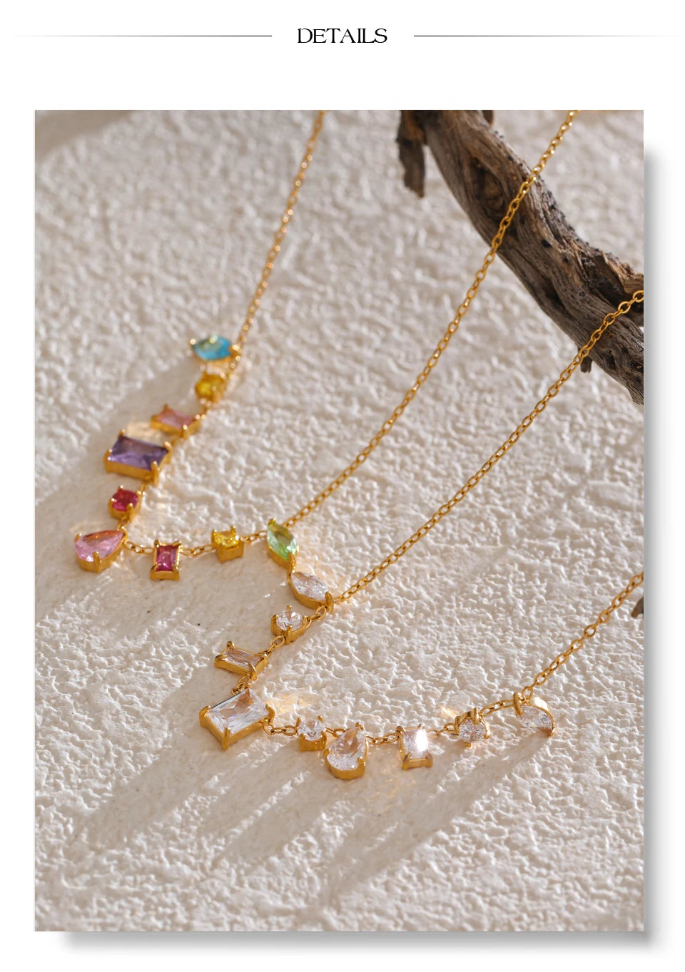 White cubic zirconia multi-color necklace in gold-plated stainless steel with cubic zirconia.