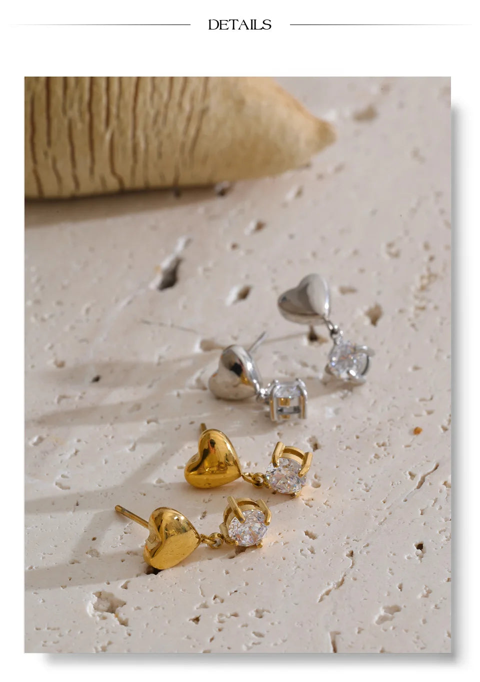 Cubic Zirconia Heart Earrings — Gold-Plated Stainless Steel with Cubic Zirconia · PS1244