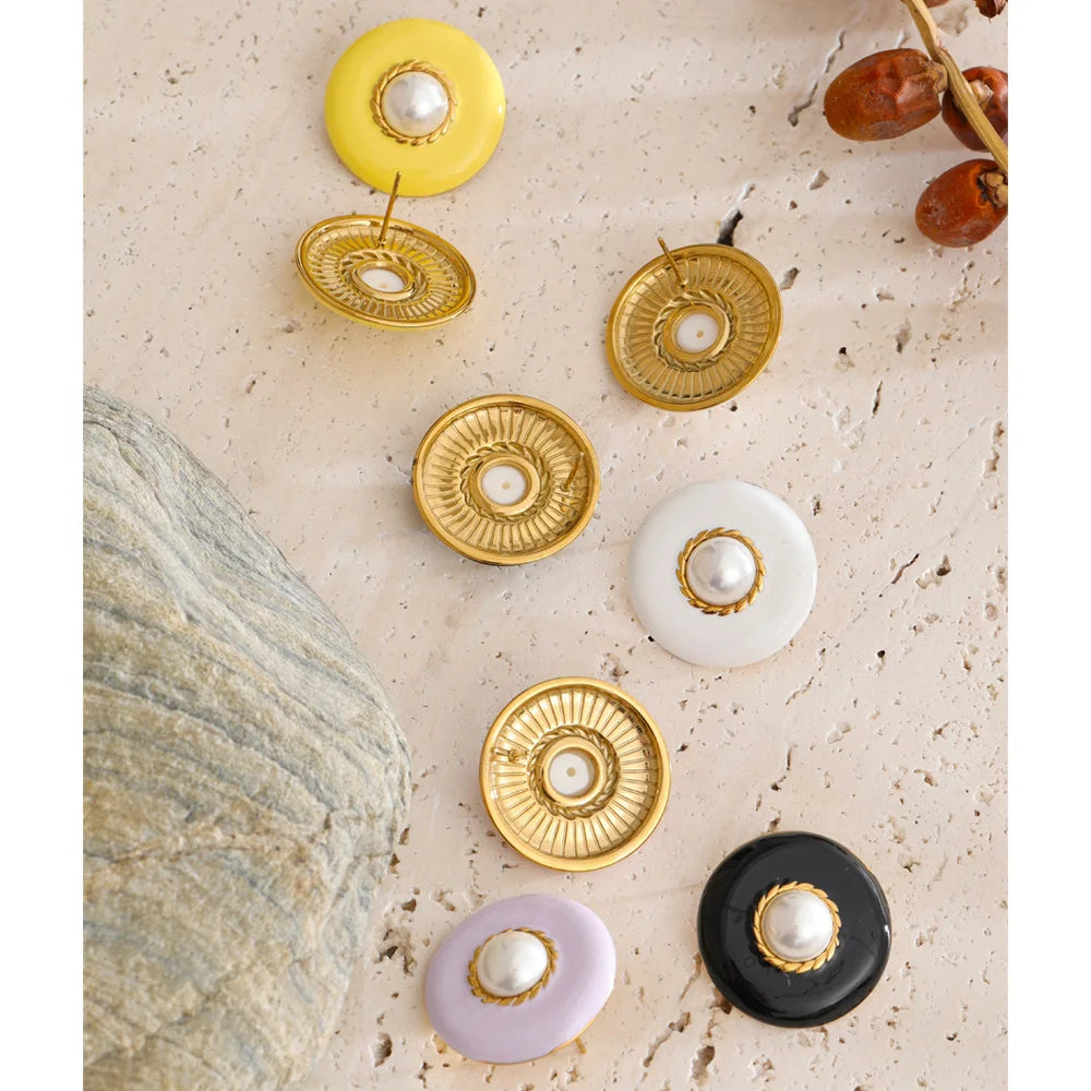 Pearl Enamel Multi-Color Earrings — Gold-Plated Stainless Steel with Pearl and Enamel · PS1521