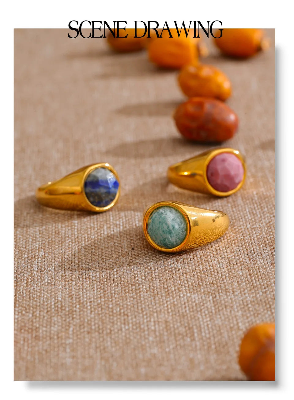 Natural stone geometric ring in 18K gold-plated stainless steel with natural stone.