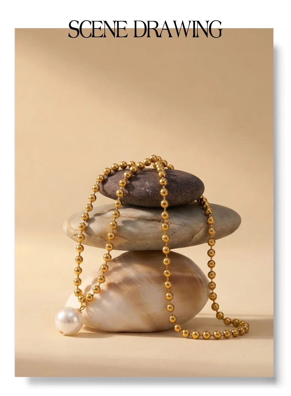 Pearl beaded geometric necklace in gold-plated stainless steel with pearl.