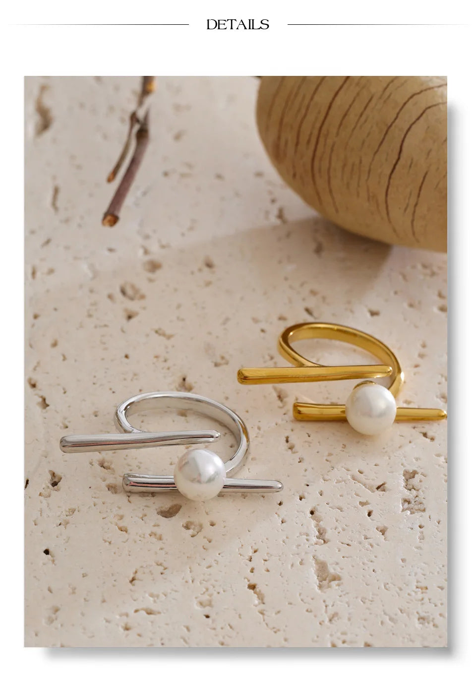 Pearl geometric ring in 18K gold-plated stainless steel with pearl.