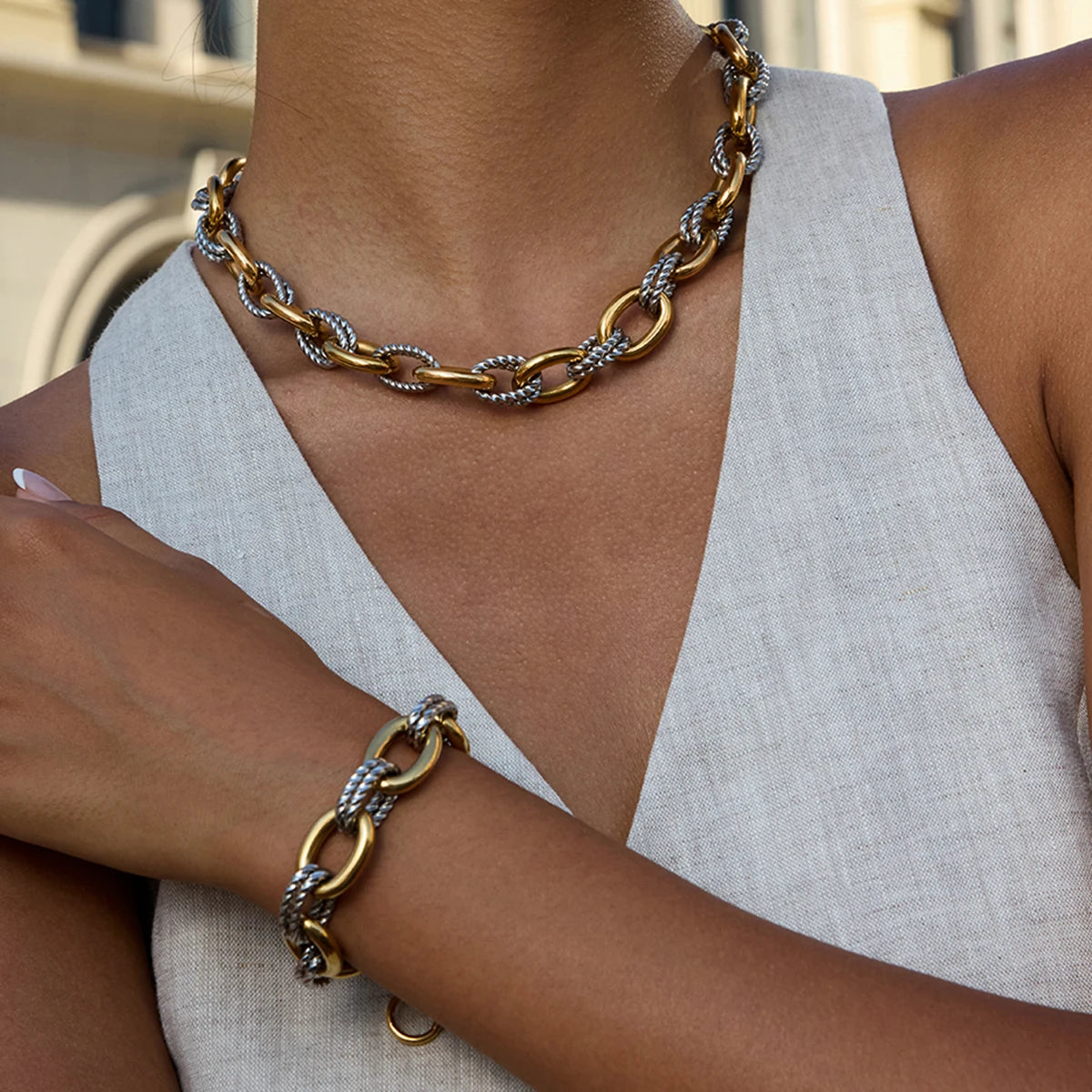 Two-Tone Chunky Chain Necklace — Stainless Steel · PS176
