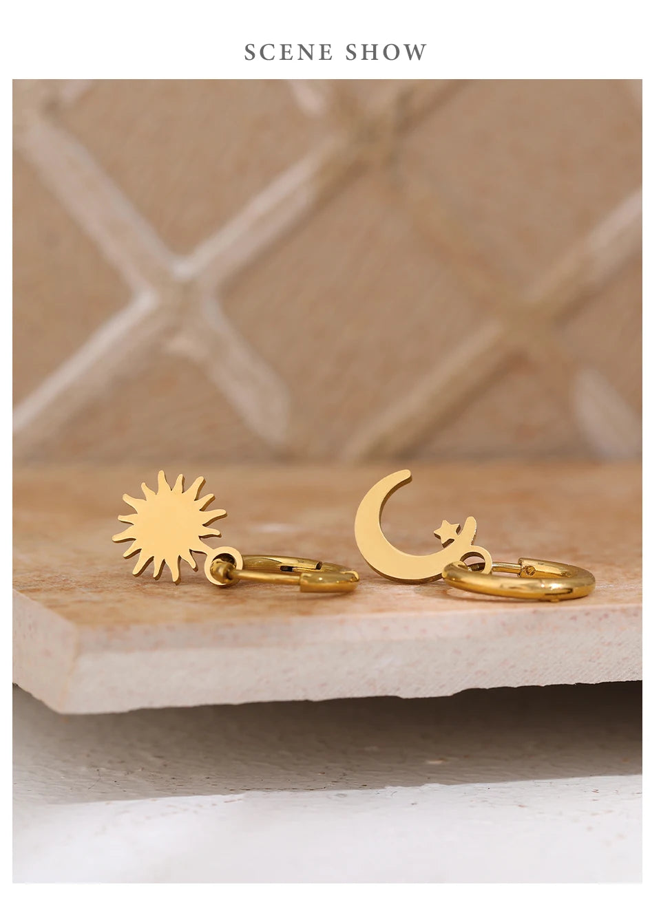Star moon hammered earrings in gold-plated stainless steel.