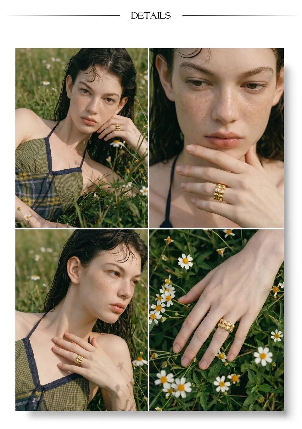 Cubic zirconia geometric ring in 18K gold-plated stainless steel with cubic zirconia.