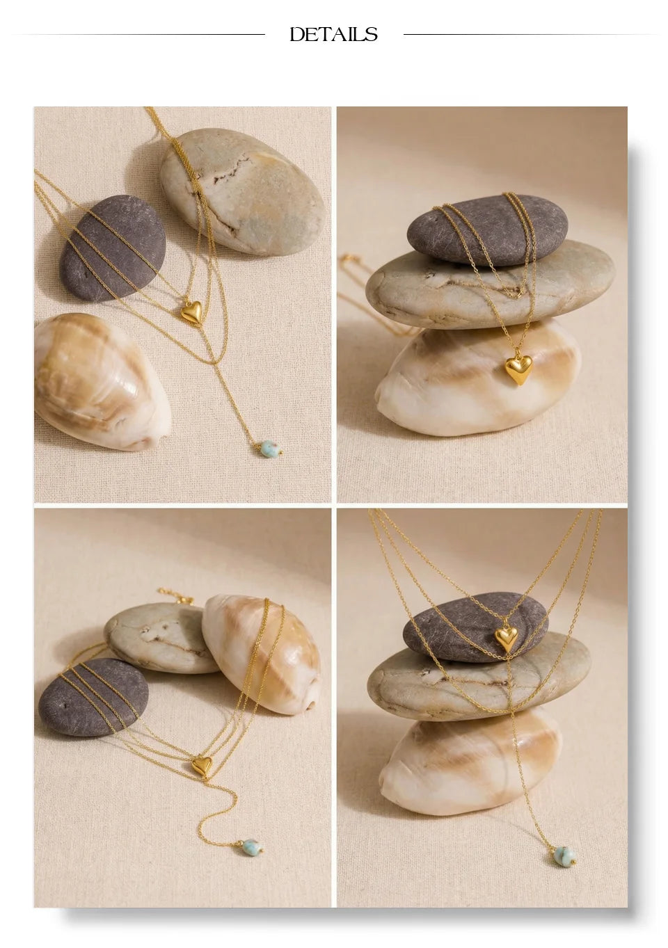 Natural stone heart chain necklace in gold-plated stainless steel with natural stone.