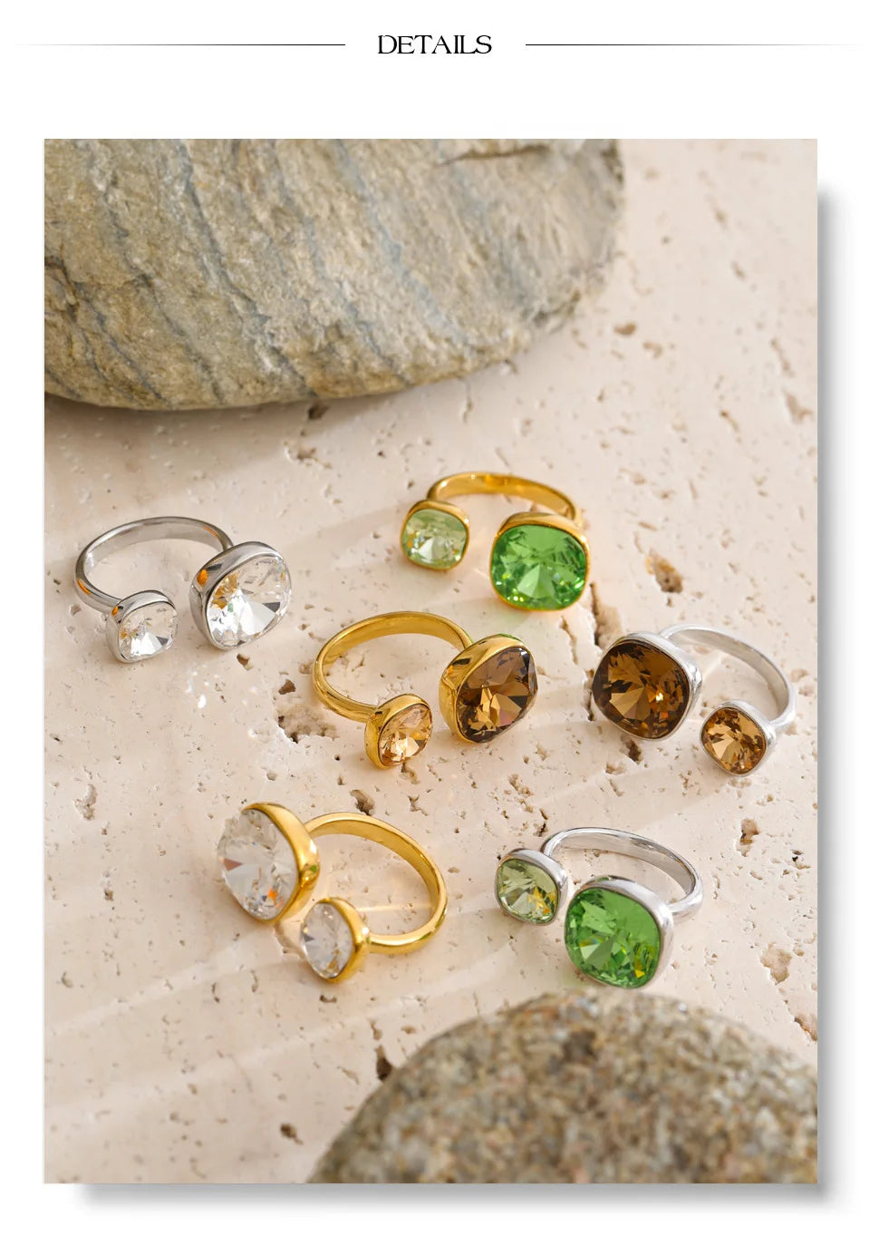 Cubic zirconia geometric ring in 18K gold-plated stainless steel with cubic zirconia.